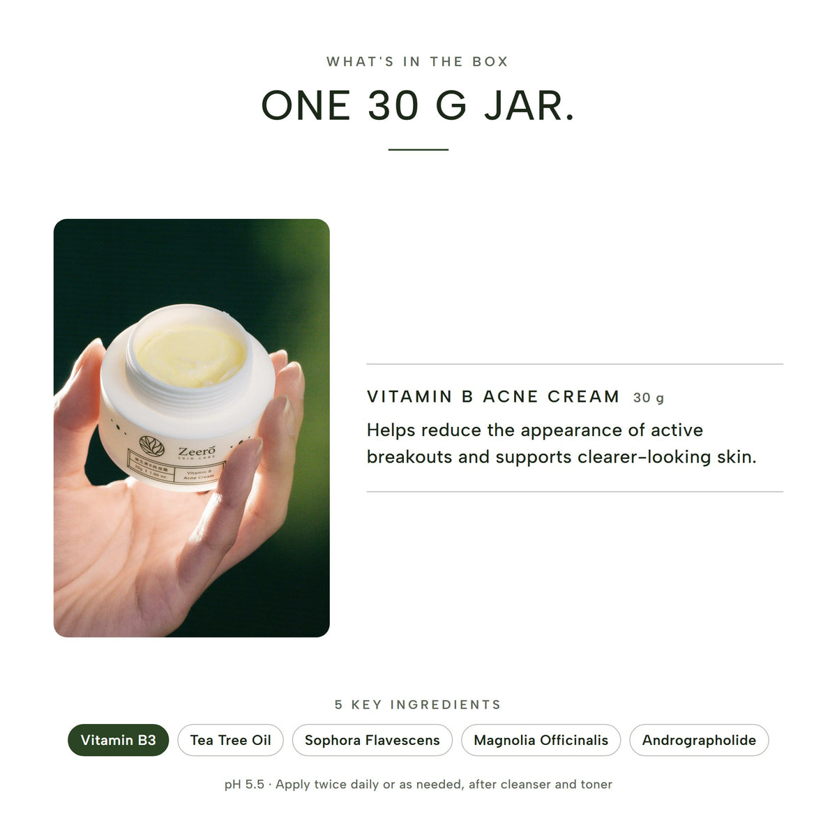 What's in the box: one 30 g jar of Zeero Vitamin B Acne Cream, with its five key ingredients