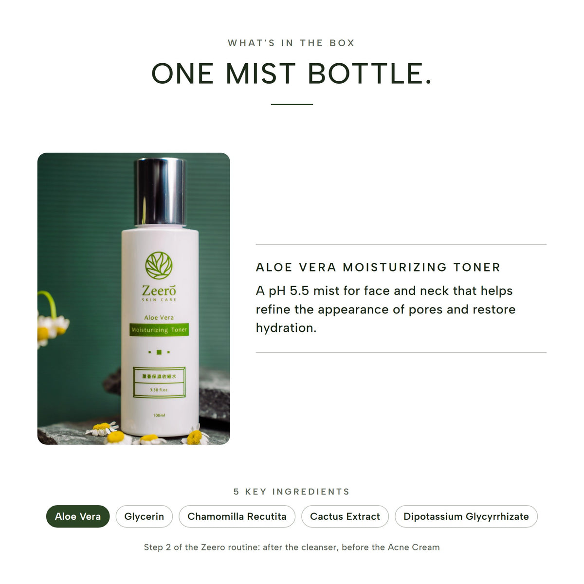 What's in the box: one bottle of Zeero Aloe Vera Moisturizing Toner, with its five key ingredients