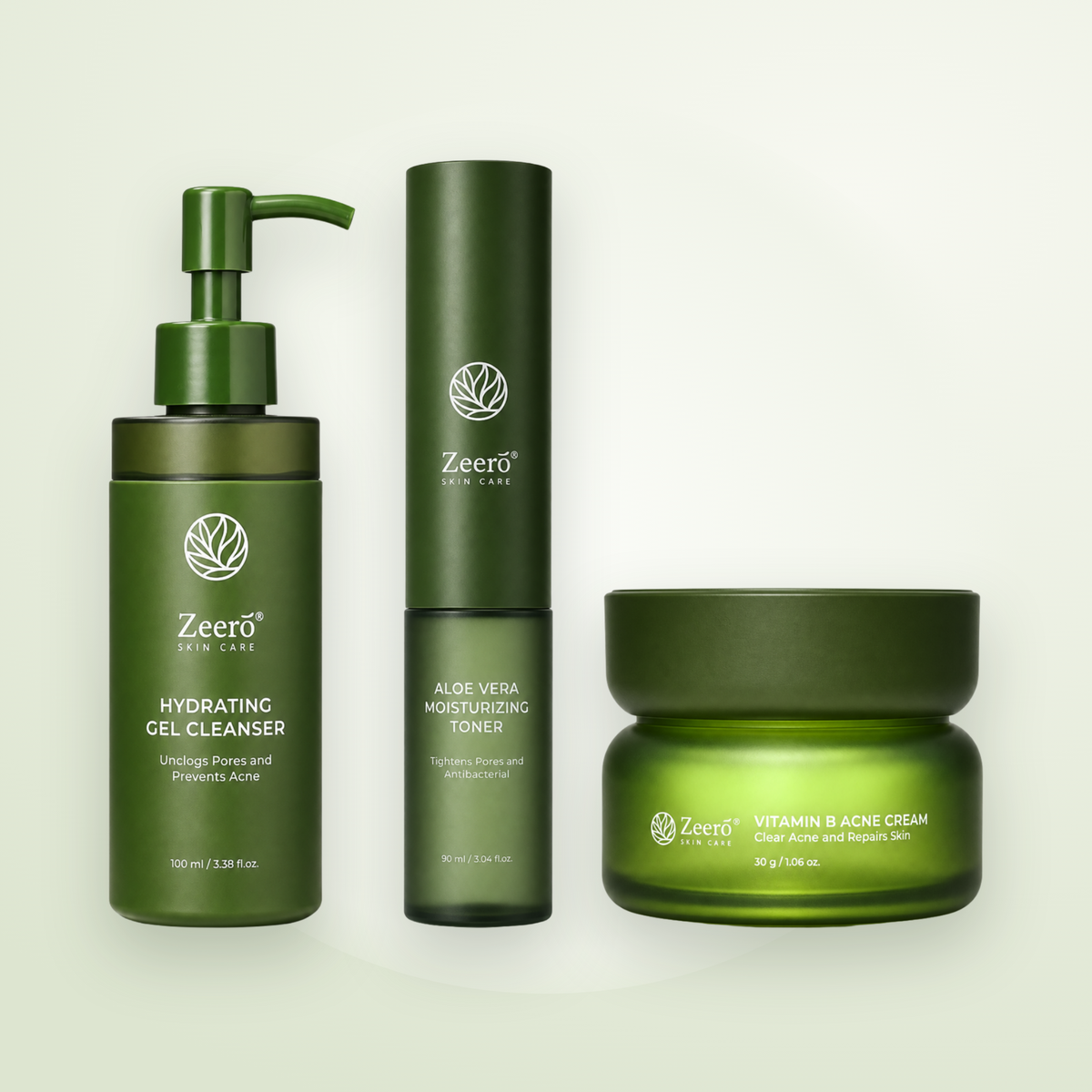Zeero Hydrating Gel Cleanser, Aloe Vera Moisturizing Toner and Vitamin B Acne Cream